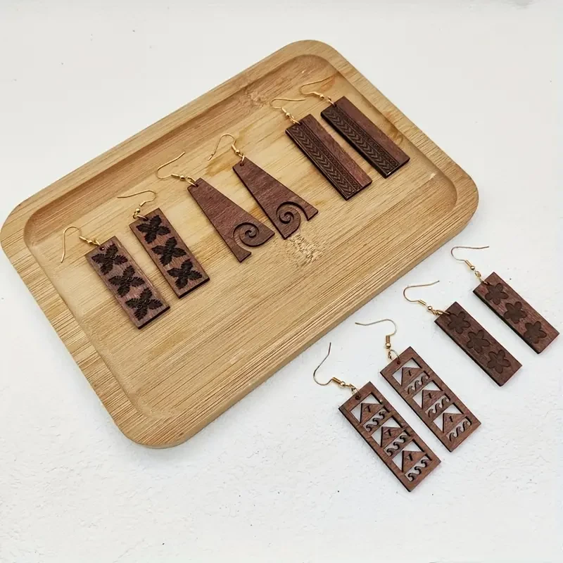 Juego de pendientes colgantes de madera de inspiración vintage