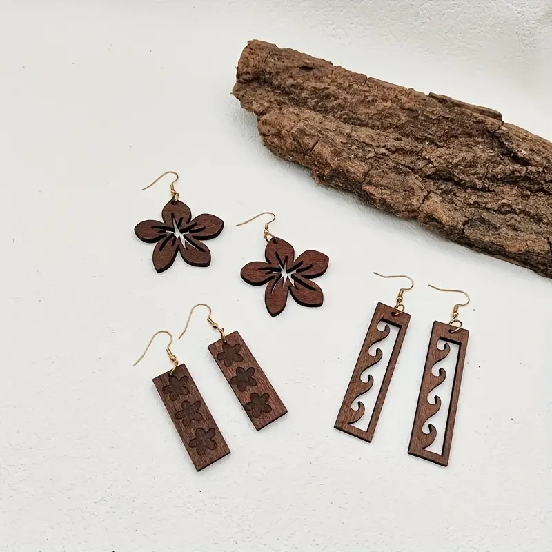 Juego de pendientes colgantes de madera de inspiración vintage
