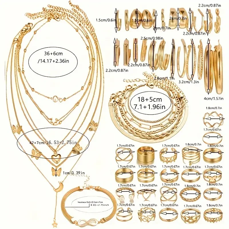 Conjunto de pulseras y anillos y tobilleras y pendientes dorados