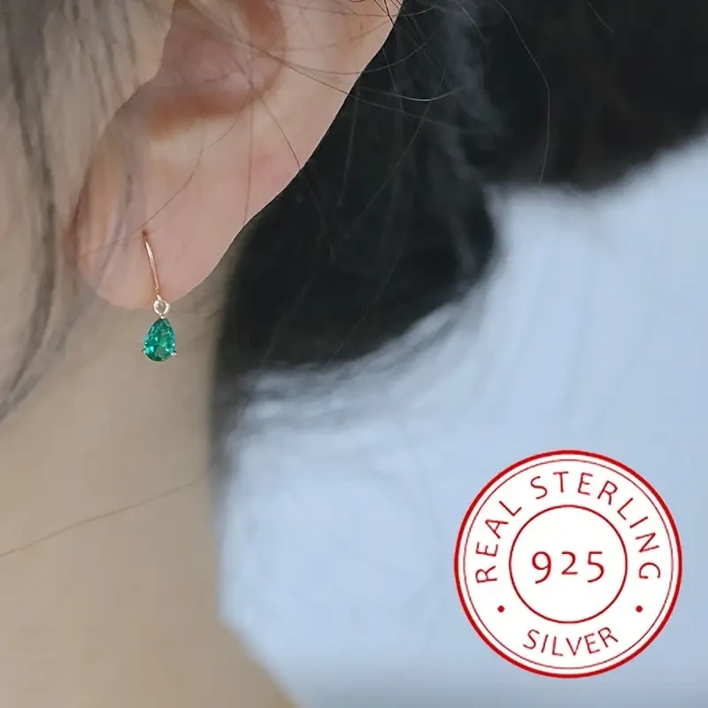 Pendientes colgantes con forma de gota de agua y esmeralda bañados en plata de ley