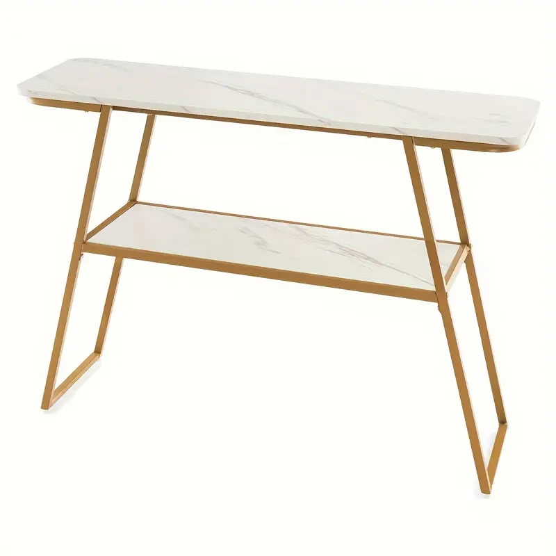 Consola estrecha de dos niveles para sofá de entrada con espacio de almacenamiento, estructura de metal dorado y tablero de madera.