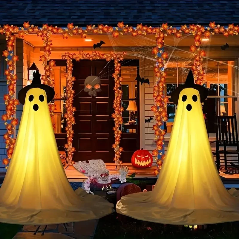 Paquete de 2 decoraciones de Halloween para exteriores, bonitas decoraciones de Halloween para interiores, decoración fantasma de Halloween con sombrero de mago, decoración fantasma aterradora con luces de cadena, perfectas para porche, patio, jardín y ho