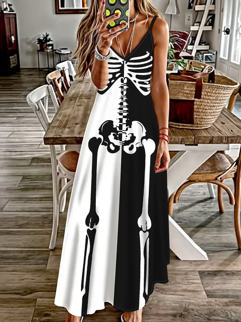 Vestido de tirantes finos con estampado de esqueleto, vestido camisola informal sin mangas con bloques de color, ropa para mujer
