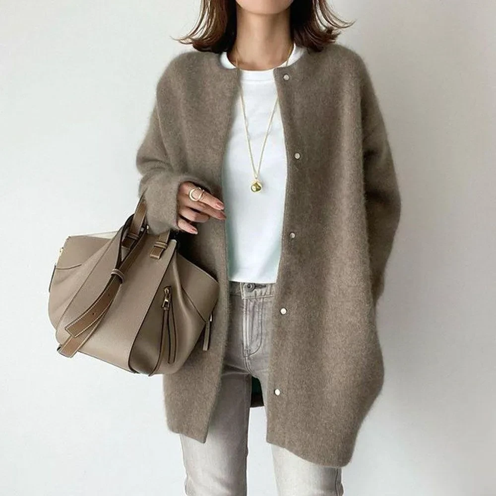 Chaqueta holgada de cuello redondo y botonadura sencilla, de color liso, para otoño e invierno, para mujer