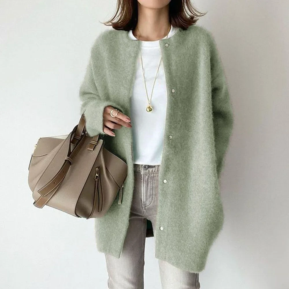 Chaqueta holgada de cuello redondo y botonadura sencilla, de color liso, para otoño e invierno, para mujer