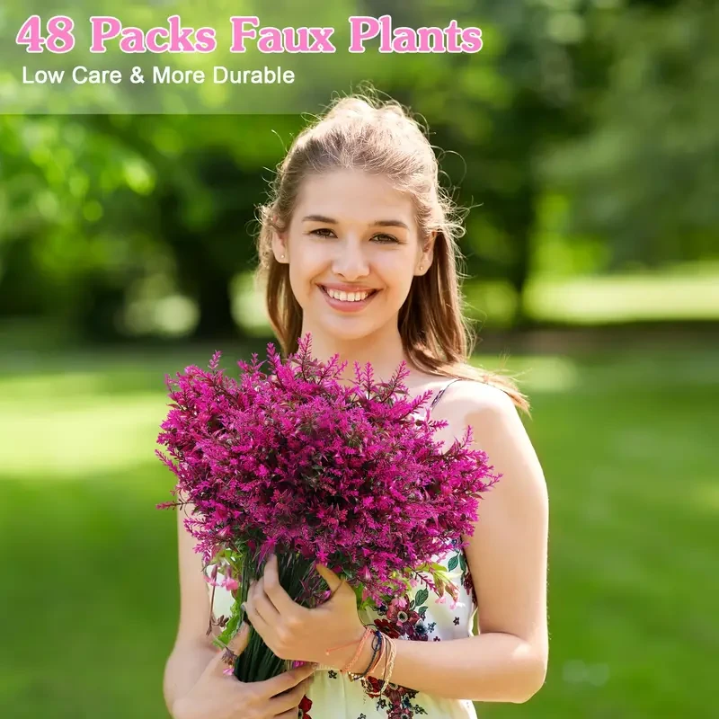 48 manojos de flores artificiales de lavanda para exteriores, resistentes a los rayos UV, de plástico, arbustos artificiales, flores y vegetación para jardín, hogar, porche, decoración (fucsia)