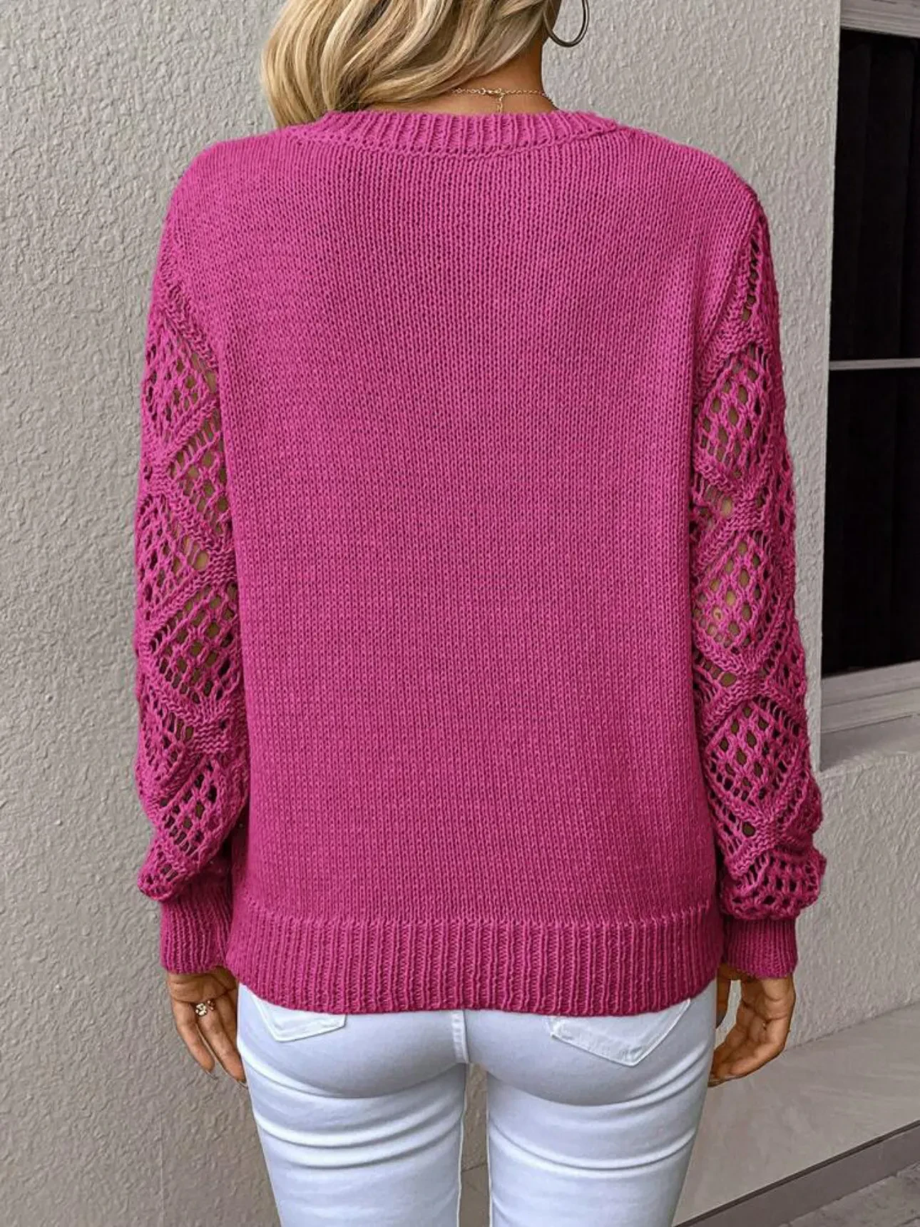 Suéter de cuello en V sólido con mangas largas huecas, tops de moda para mujer, ropa