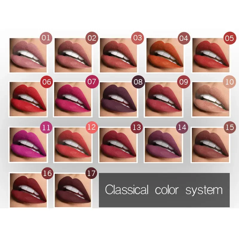 Lápiz labial líquido mate de larga duración de 17 colores