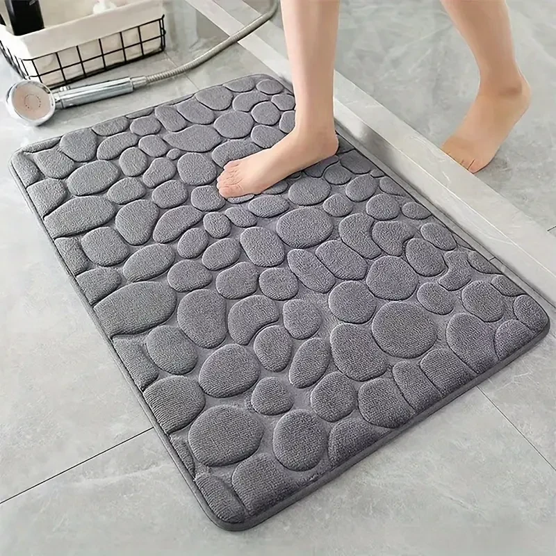 Alfombra de baño de espuma viscoelástica antideslizante con diseño de adoquines, de secado rápido, poliéster afelpado, reverso de goma, lavable a máquina.