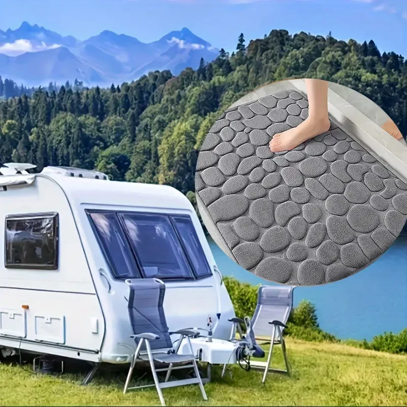 Alfombra de baño de espuma viscoelástica antideslizante con diseño de adoquines, de secado rápido, poliéster afelpado, reverso de goma, lavable a máquina.