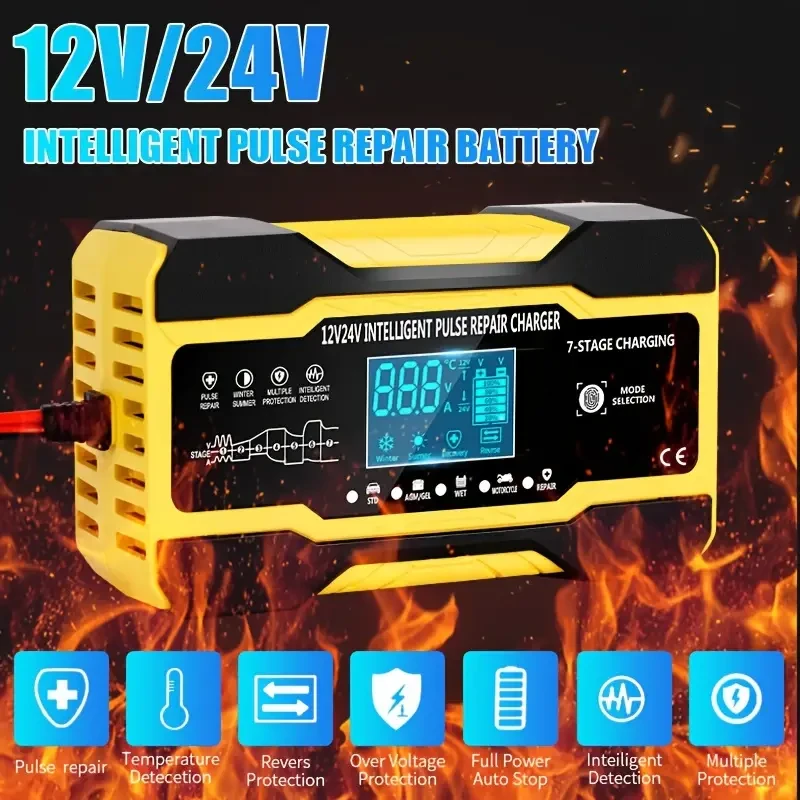 Cargador de batería para coche RJTianye de 10 A: cargador inteligente totalmente automático, cargador de mantenimiento de 12 V/24 V con compensación de temperatura para baterías de plomo-ácido.