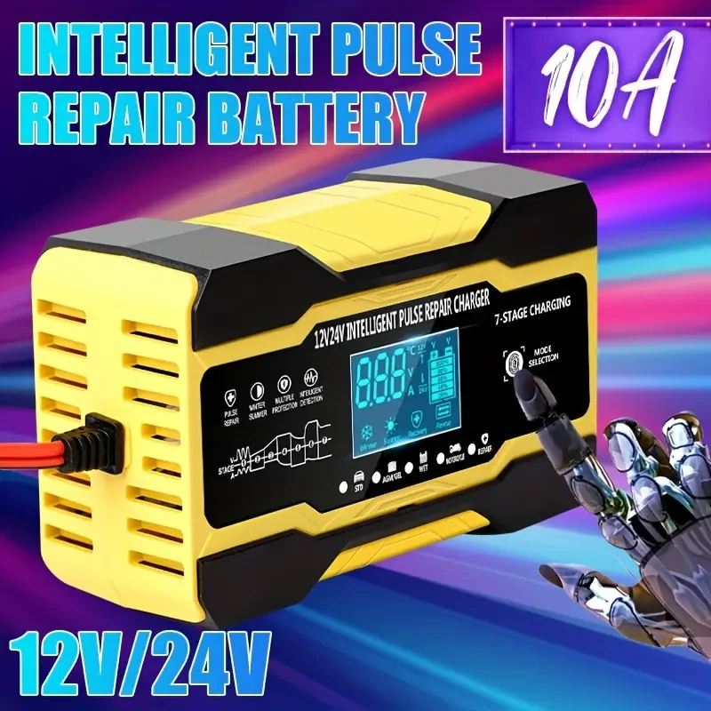 Cargador de batería para coche RJTianye de 10 A: cargador inteligente totalmente automático, cargador de mantenimiento de 12 V/24 V con compensación de temperatura para baterías de plomo-ácido.