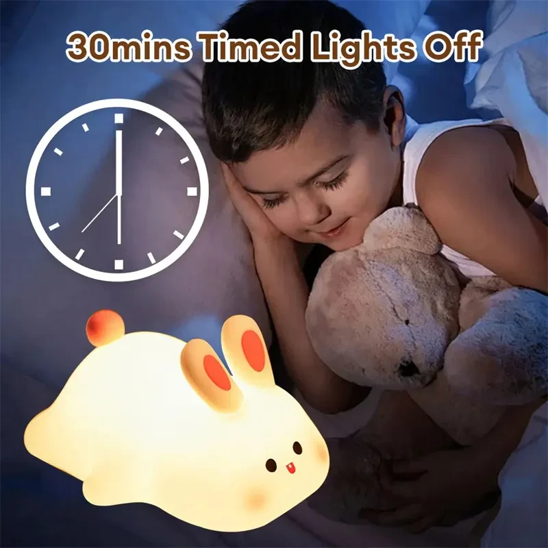 Bonita luz nocturna LED con sensor táctil, diseño de dibujos animados para niños, luz nocturna de silicona con cara grande de conejo, regalo de Navidad, lámpara de noche, decoración del hogar