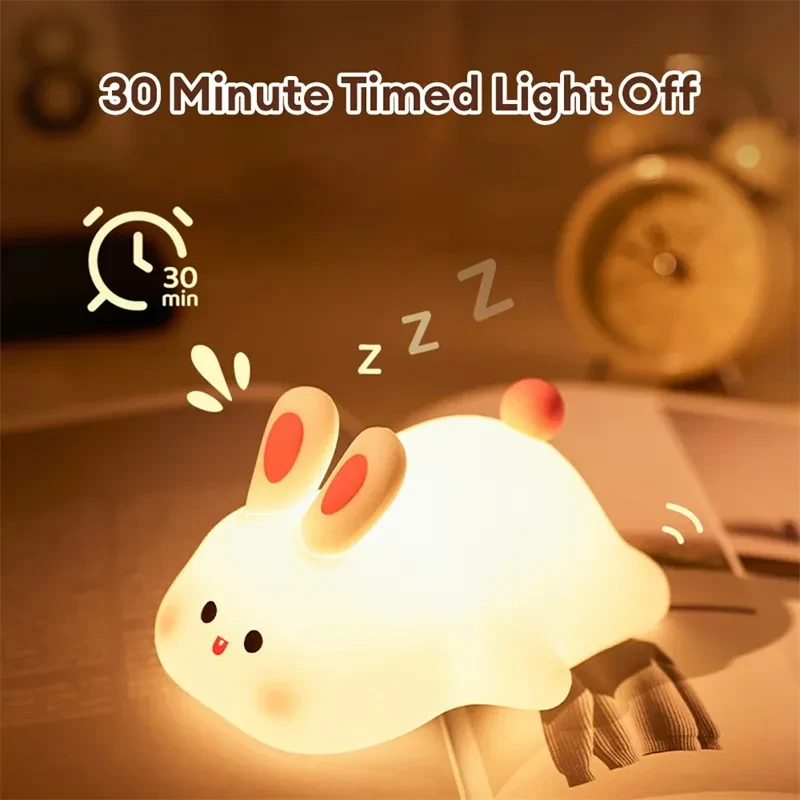 Bonita luz nocturna LED con sensor táctil, diseño de dibujos animados para niños, luz nocturna de silicona con cara grande de conejo, regalo de Navidad, lámpara de noche, decoración del hogar