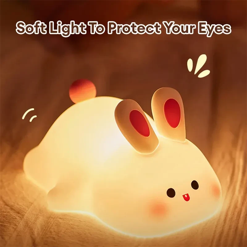 Bonita luz nocturna LED con sensor táctil, diseño de dibujos animados para niños, luz nocturna de silicona con cara grande de conejo, regalo de Navidad, lámpara de noche, decoración del hogar