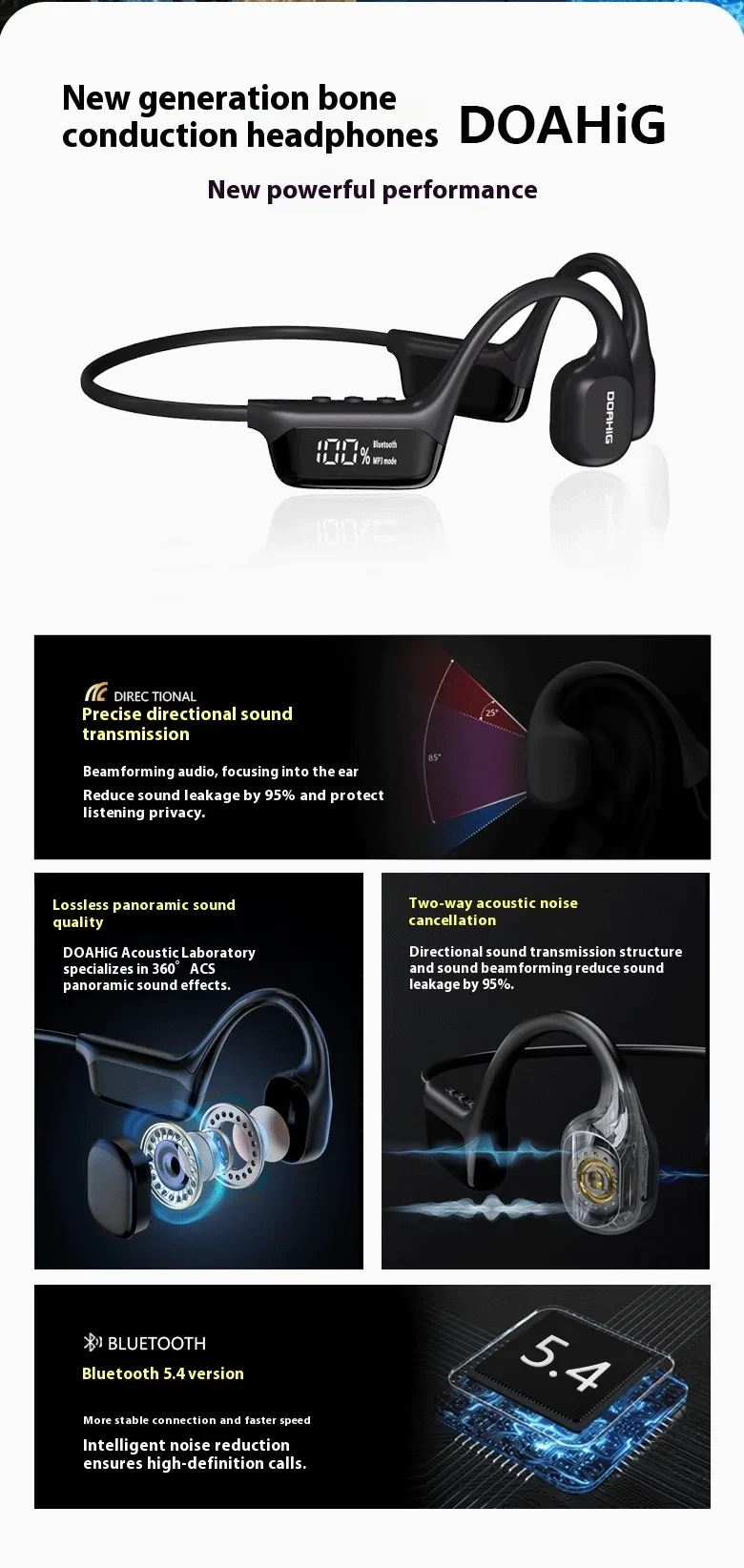 Auriculares Bluetooth con pantalla de visualización para conducción ósea de 53 pulgadas, auriculares deportivos impermeables