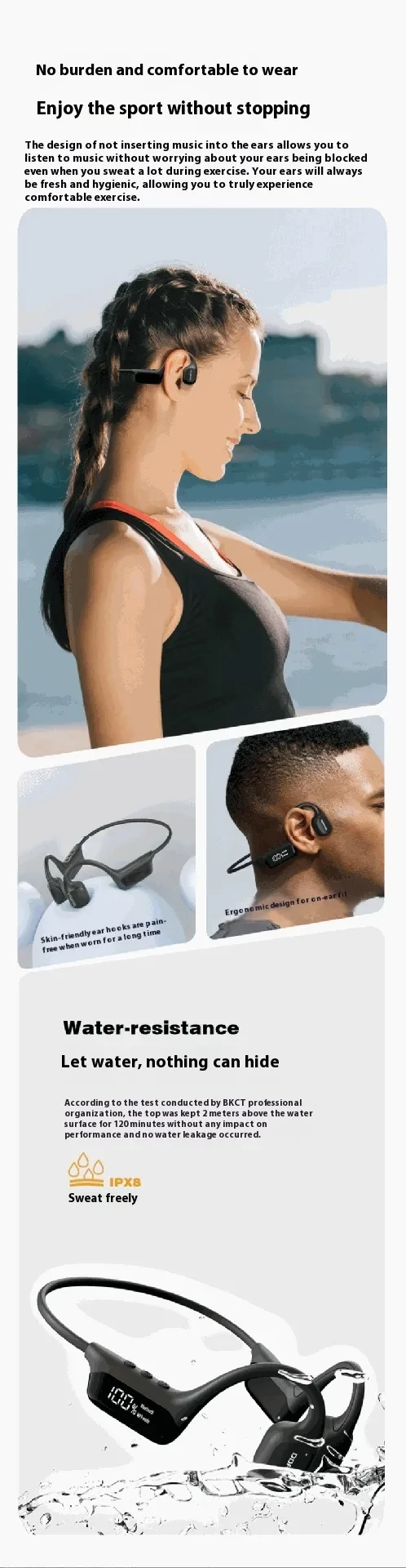 Auriculares Bluetooth con pantalla de visualización para conducción ósea de 53 pulgadas, auriculares deportivos impermeables