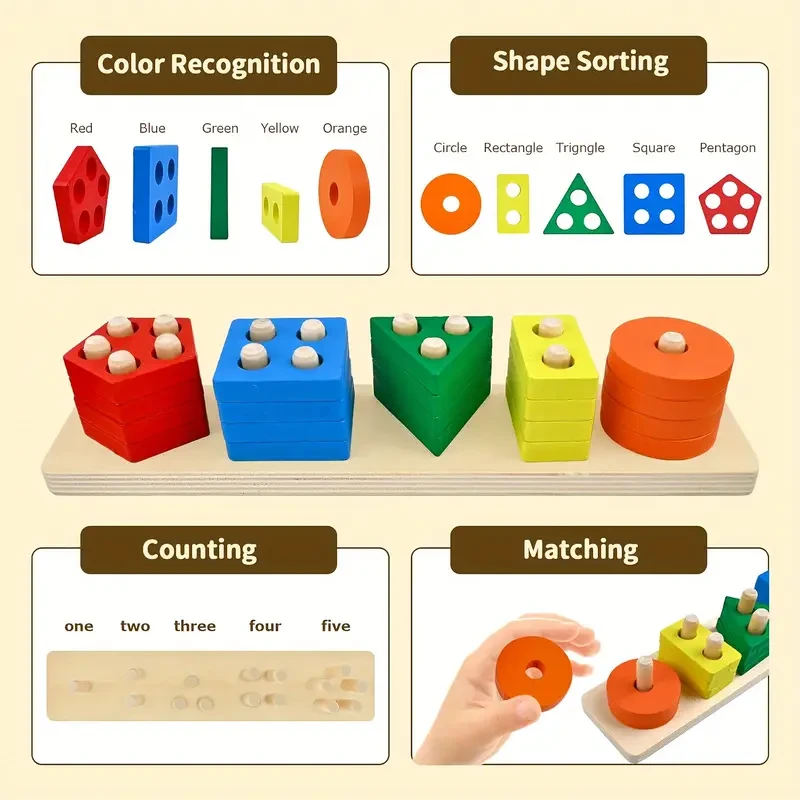 Juguetes de madera para apilar y clasificar: reconocimiento de colores y formas