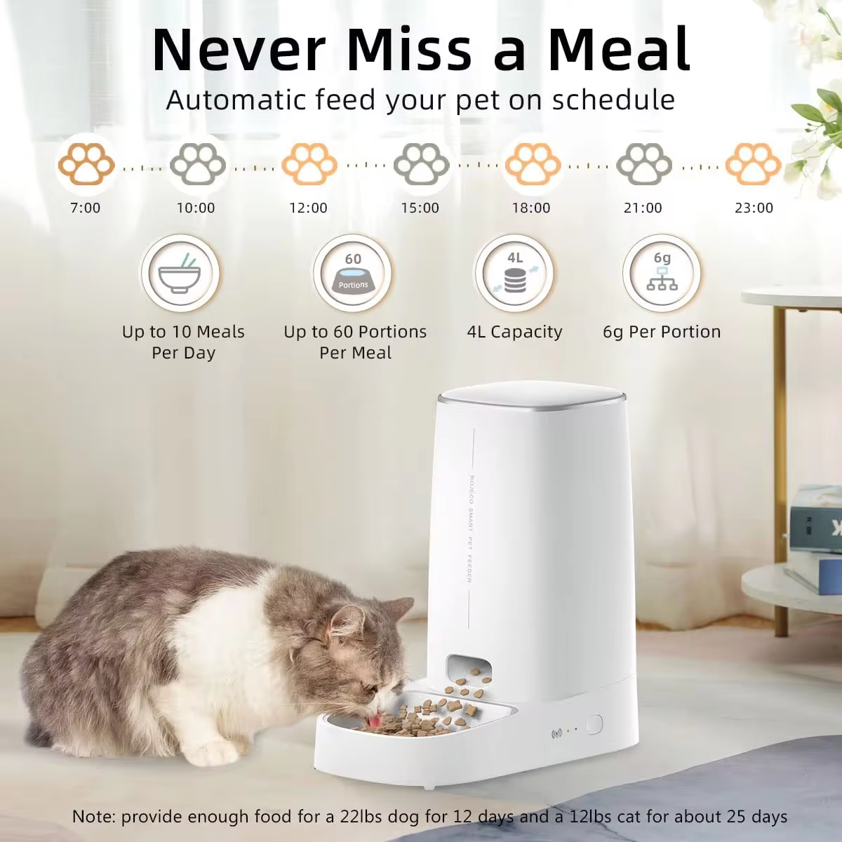 Alimentador automático para gatos ROJECO, dispensador de comida inteligente con WiFi y control remoto, para perros y gatos, accesorios de comida seca.