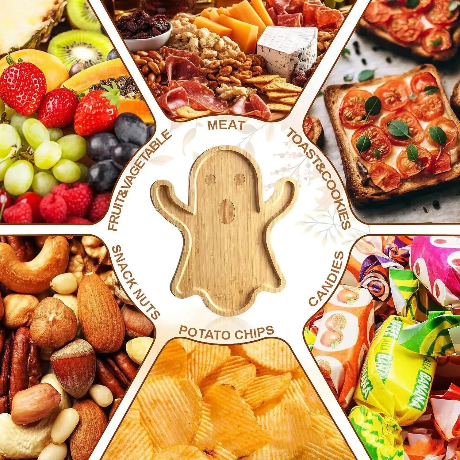 Platos de madera con forma de fantasma de Halloween