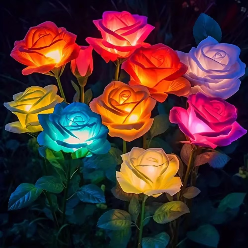 Luces solares decorativas para exteriores de 5 cabezales, lámpara de césped con forma de rosa para patio, jardín y decoración.