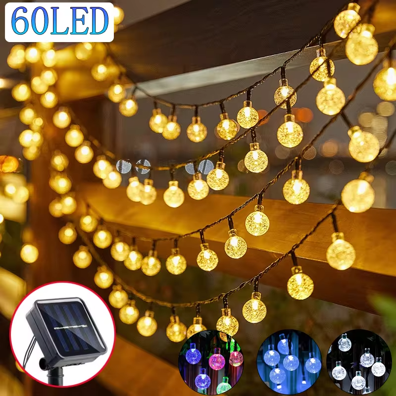 Guirnalda de luces LED solares de cristal con forma de globo, 60 LED, 8 modos de iluminación, IP65, para decoración navideña de jardín y fiestas (1 o 2 unidades)