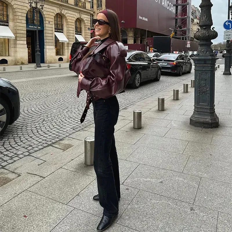 Chaqueta de cuero con solapa suelta, tops cortos de moda, ropa de calle para mujer