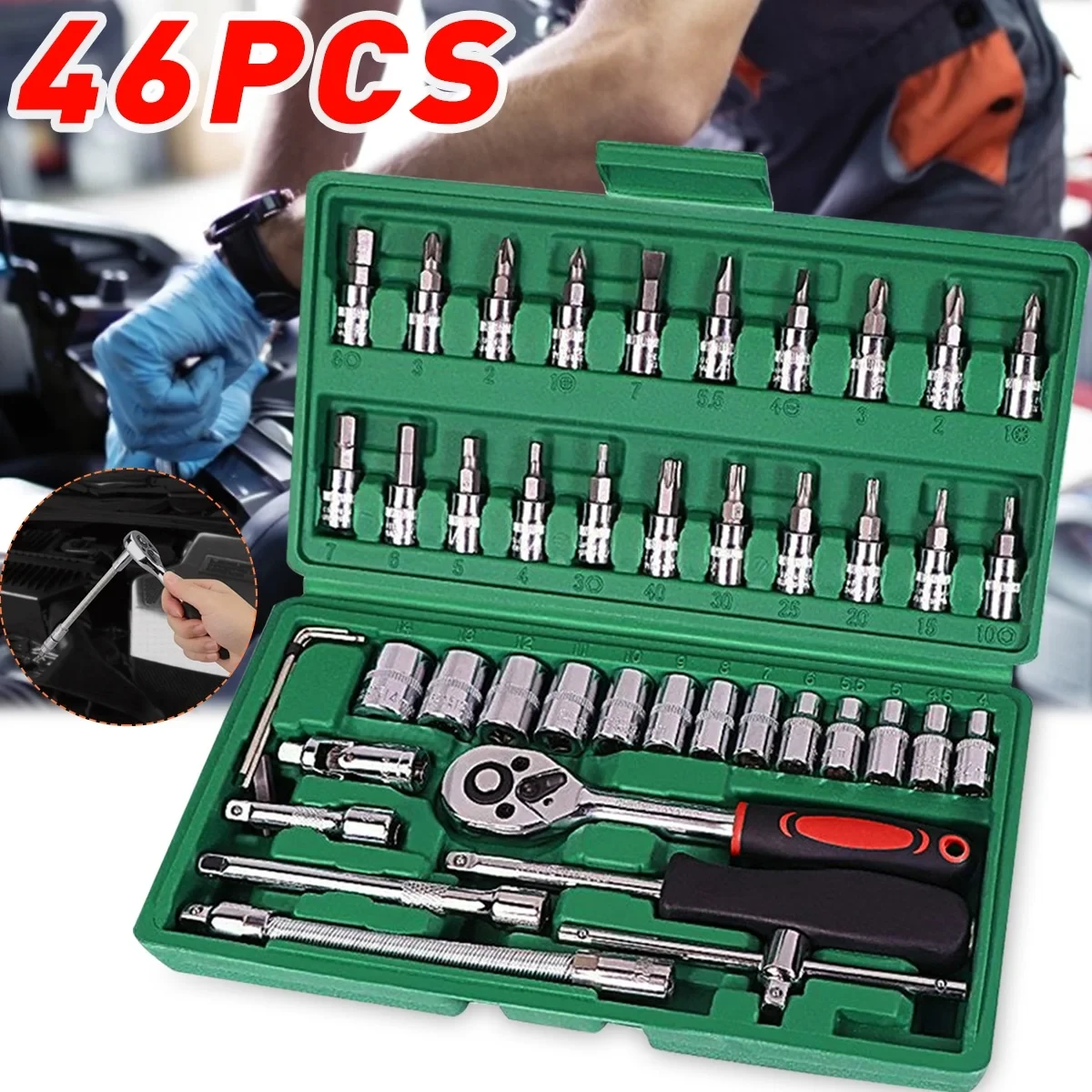 Kit de herramientas de reparación de automóviles de 46 piezas, juego de llaves de vaso de 1/4 de pulgada, llave dinamométrica de trinquete, juego de reparación de automóviles, herramienta mecánica