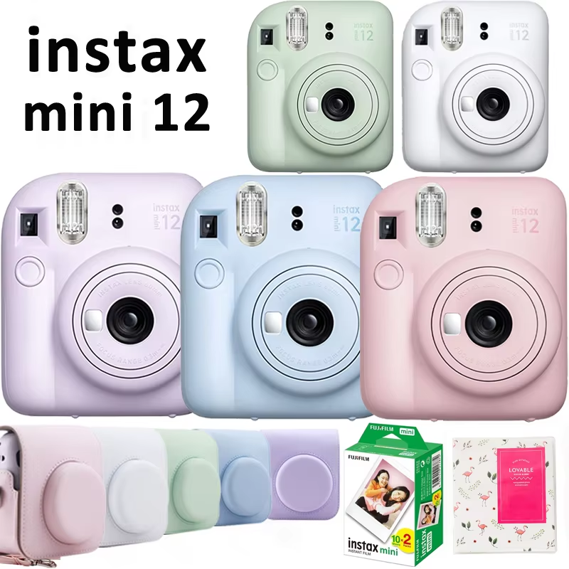 Cámara Fujifilm Instax Mini 12 original, rosa, azul, menta, blanca y morada, con 20 hojas de película, álbum y funda de piel sintética.