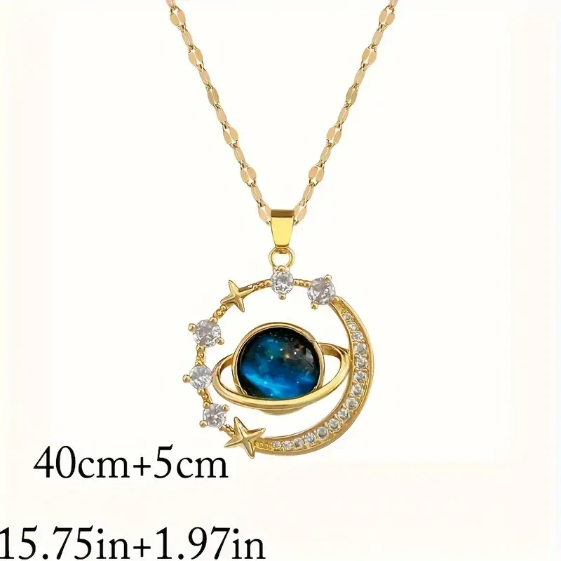 Collar con colgante de luna, planeta estrellado, azul astral y circonita de acero inoxidable