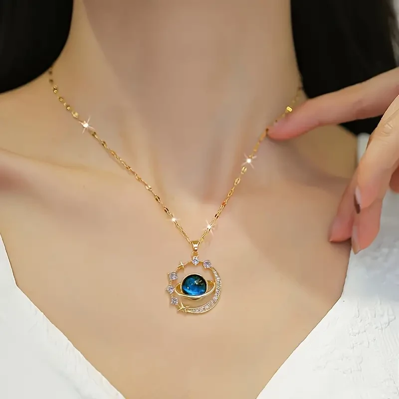 Collar con colgante de luna, planeta estrellado, azul astral y circonita de acero inoxidable