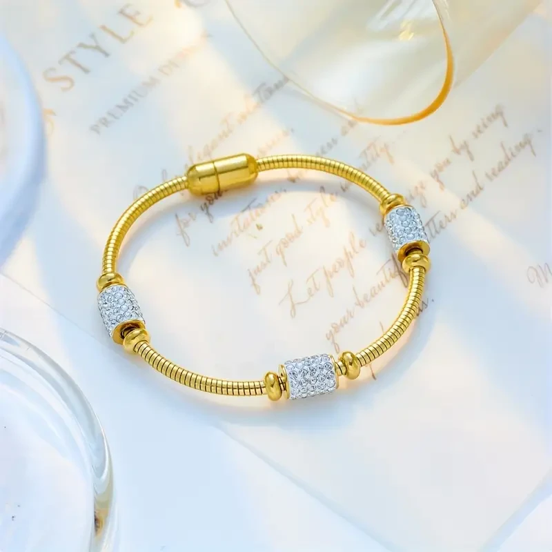 Lujosa pulsera de acero inoxidable con brillantes diamantes de imitación