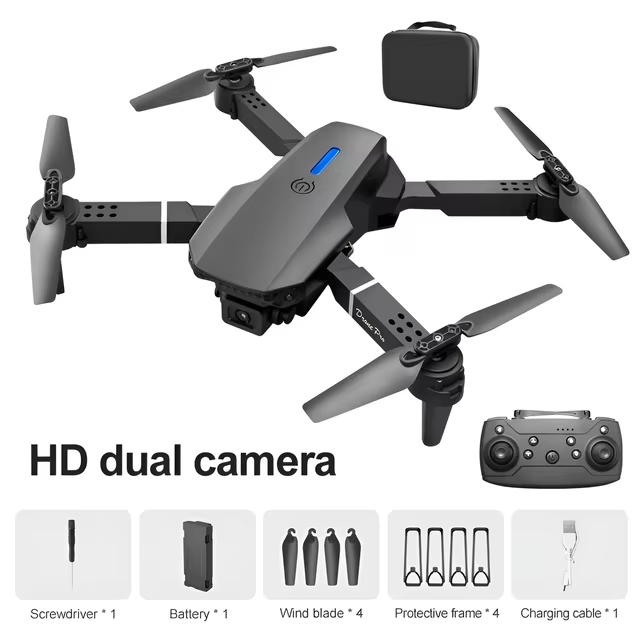 Dron de juguete E88 con control remoto, pequeño avión con cámara dual HD, cuadricóptero que se puede conectar a la aplicación móvil, bolsa plegable