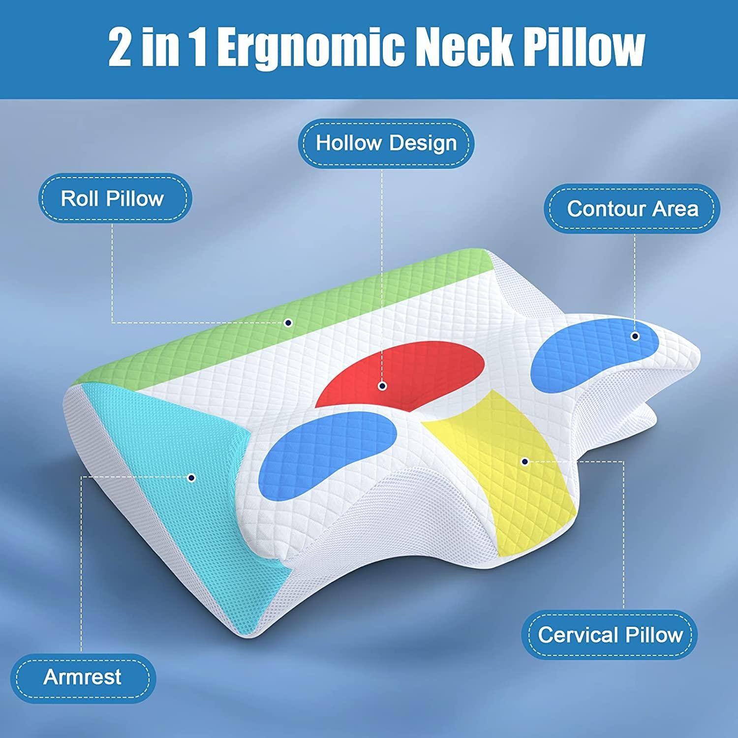 Almohada cervical de espuma viscoelástica, 2 en 1, ortopédica y ergonómica para el dolor de cuello, con soporte contorneado, para el cuello.