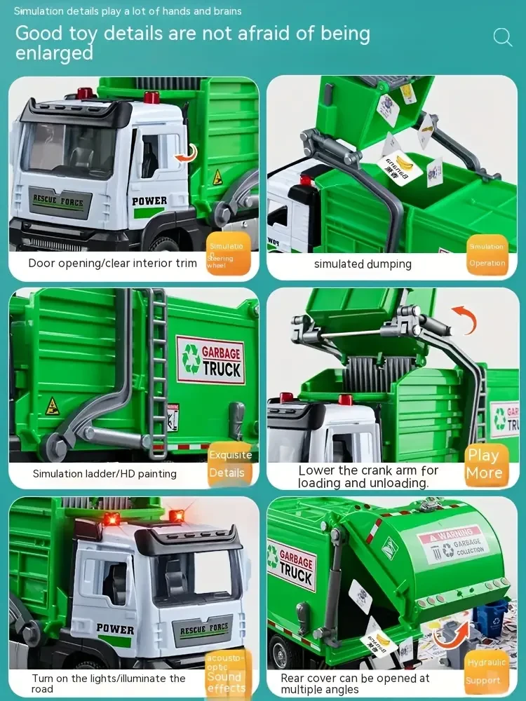 Camión de basura de aleación simulada con parte delantera, juguete de limpieza, contenedor de basura, modelo de ingeniería de saneamiento y limpieza, regalo de Halloween para niños.