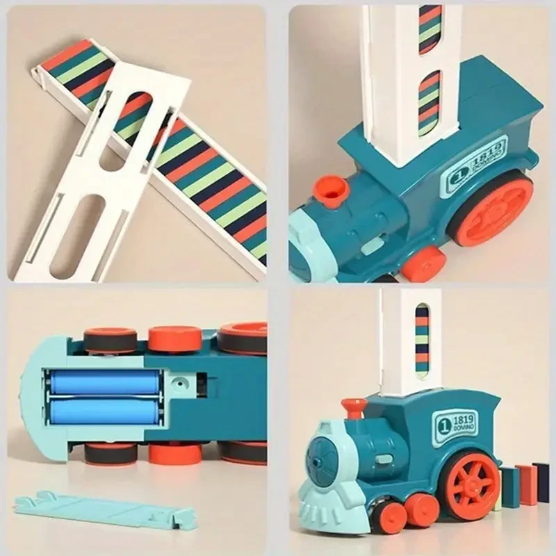 Juego de dominó con bloques de construcción y apilamiento de tren eléctrico, como regalo de Halloween