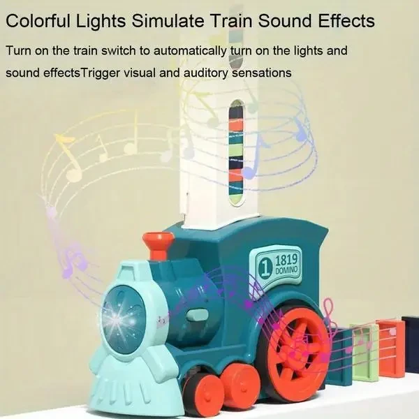 Juego de dominó con bloques de construcción y apilamiento de tren eléctrico, como regalo de Halloween