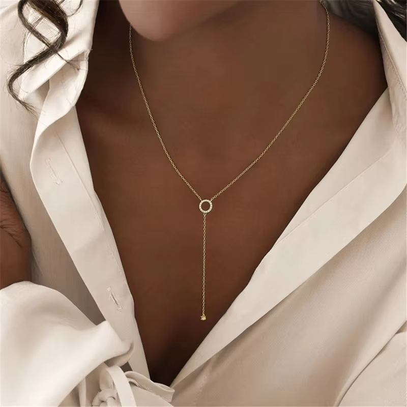 Gargantilla larga de cadena en forma de O con colgante de circonita circular de dos capas de plata esterlina S925, joyería fina para bodas de primavera 2024 para mujer