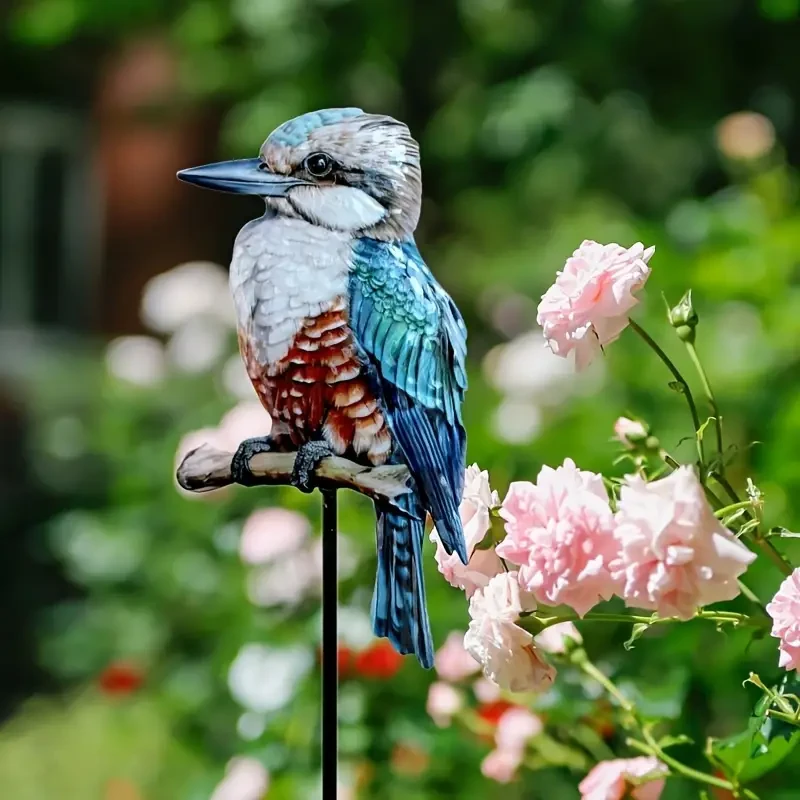 Estaca de metal para jardín con forma de cucaburra - Arte del pájaro martín pescador azul