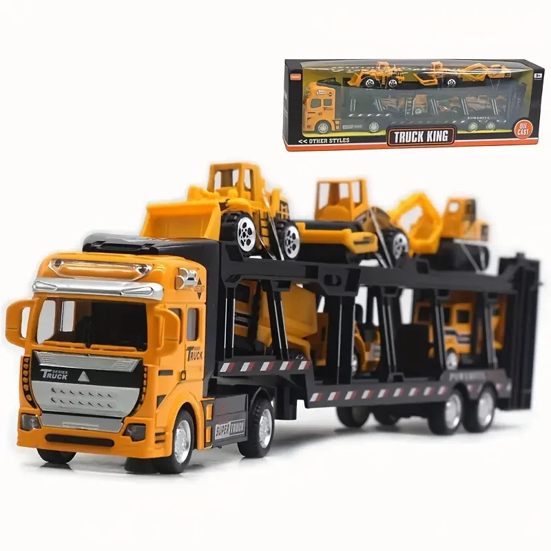 Camión de juguete fundido a presión Truck King: camión semirremolque de 32 cm con 6 minivehículos de construcción