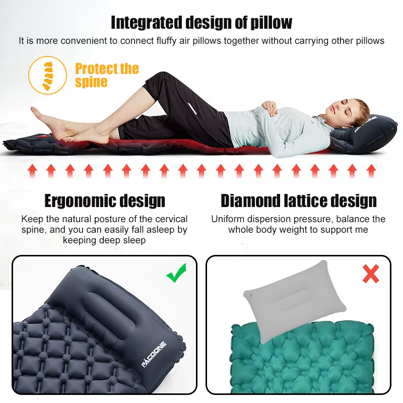 Colchón inflable PACOONE para acampar al aire libre con almohadas, colchón ultraligero con bomba de inflado incorporada, para viajes y senderismo.