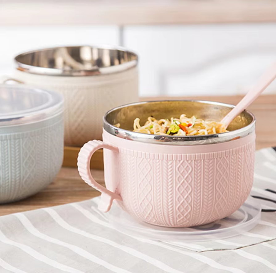 Tazón de fideos ramen de doble capa de acero inoxidable anti-escaldado instantáneo