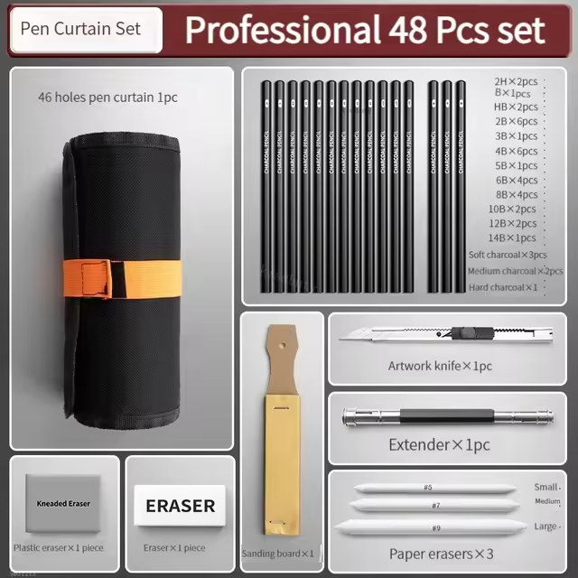 Juego de lápices de dibujo de 27, 38 y 47 piezas, bolsa enrollable de lona para lápices de dibujo, suministros de dibujo artístico, carboncillos y borradores amasables.