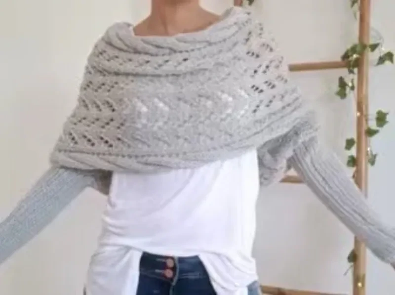 Chal de punto cálido de otoño e invierno para mujer, cuello chal de manga doble ahuecado, moda natural para el hogar y la fiesta.