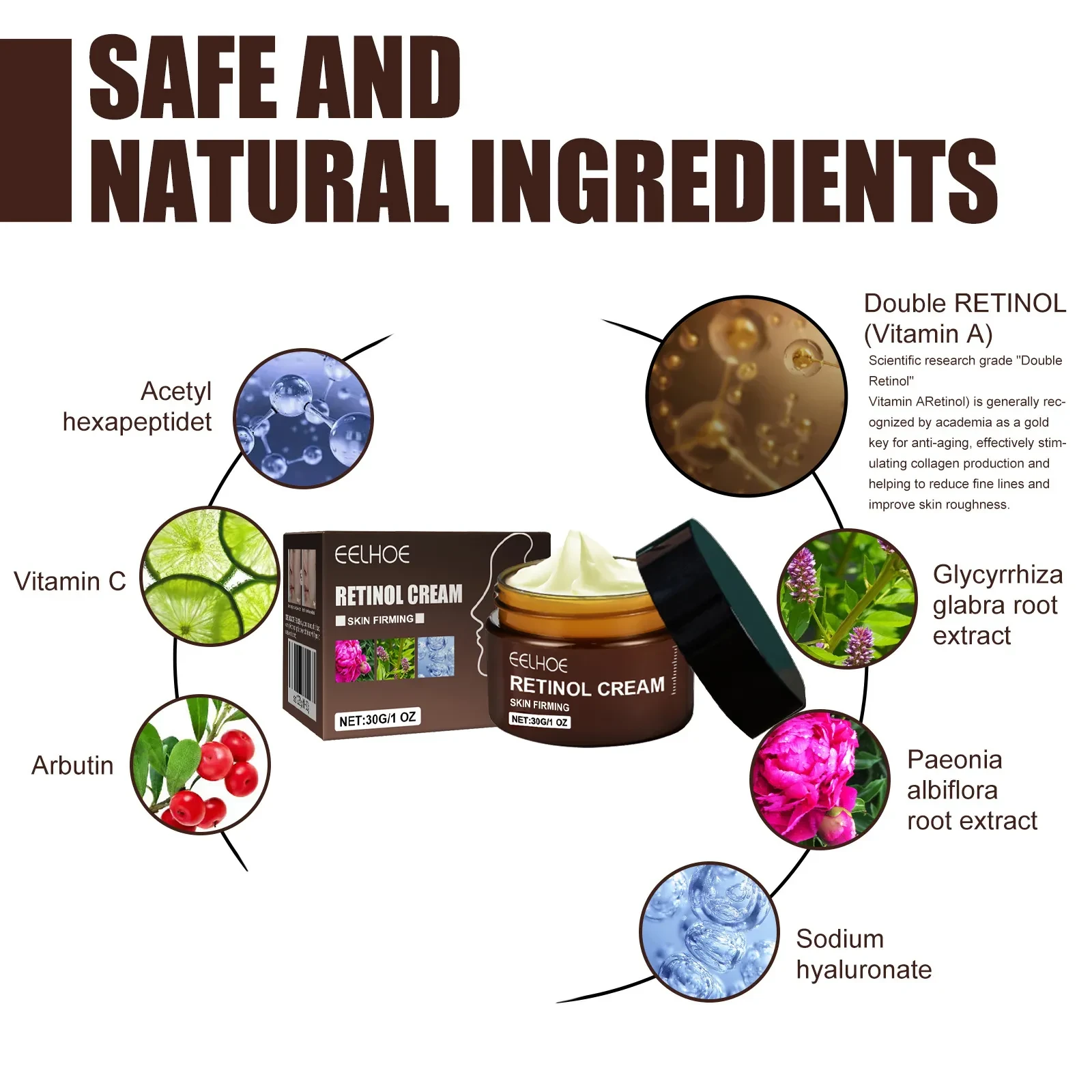 Crema de retinol, antiedad, reafirmante, iluminadora e hidratante para la piel del rostro.