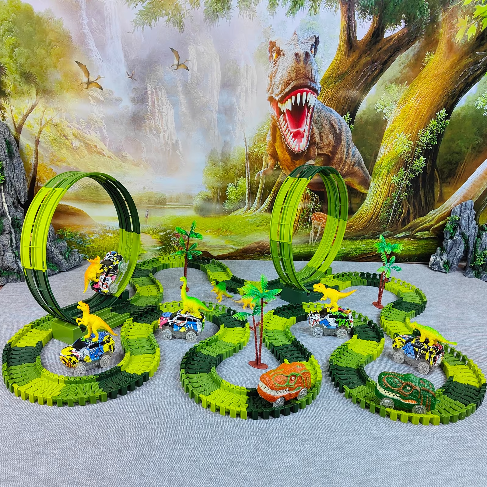 Coche de dinosaurio eléctrico de escalada mágico, pista de tren de juguete, juego de coches de carreras flexibles con luz intermitente, coche de alta calidad, juguete para niños