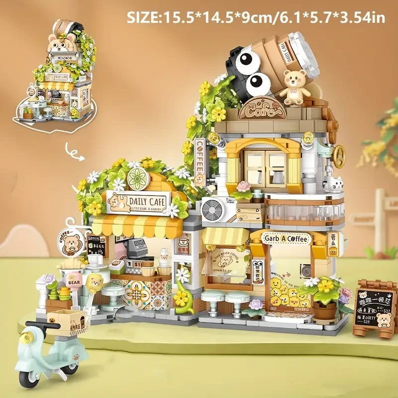 Minibloques de construcción de juguete (1077 piezas: Cafetería Little Bear y 860 piezas: Casa de Té Panda), bonito set de maquetas arquitectónicas con vista a la calle, decoración de habitaciones, regalo de Año Nuevo, Navidad y cumpleaños.