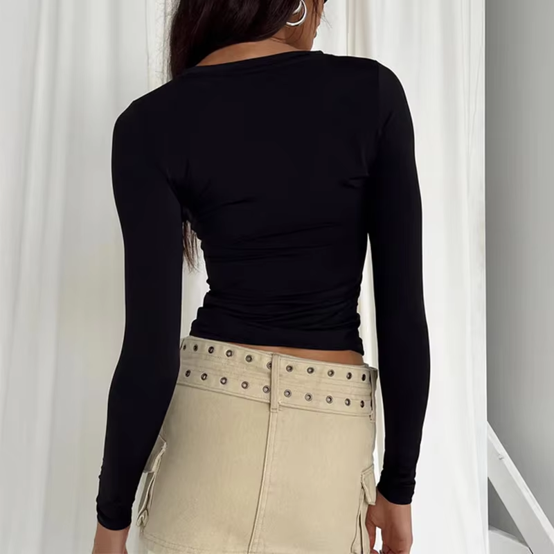 Camiseta de manga larga para mujer, primavera y otoño, lisa, ajustada, informal, jerséis básicos para mujer, ropa Y2k, tops cortos de calle