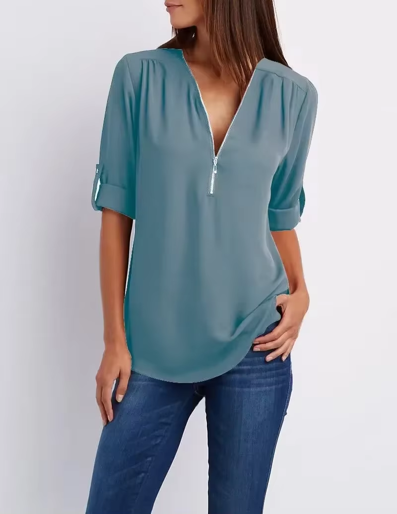 Blusa de gasa holgada de verano para mujer, blusa informal con escote en V profundo y cremallera, jersey de manga larga de talla grande a la moda