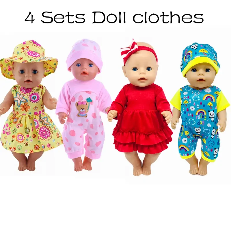 Conjunto de ropa para muñecas de 38,1 a 45,72 cm. Conjunto de 4 piezas con vestido floral, gorro, pijama rosa, mono y diademas a juego. Ideal para muñecas de 3 a 6 años. Ideal como regalo.